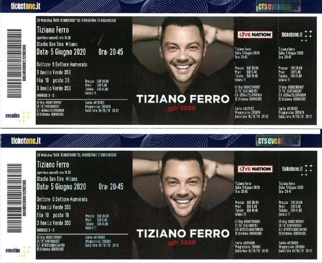n.2 BIGLIETTI TIZIANO FERRO MILANO 15.06.2023