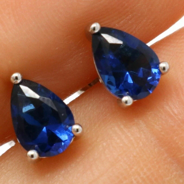 4Ct Pear Cut Simulated Sapphire Solitaire Stud Earrings 14K White Gold Plated
