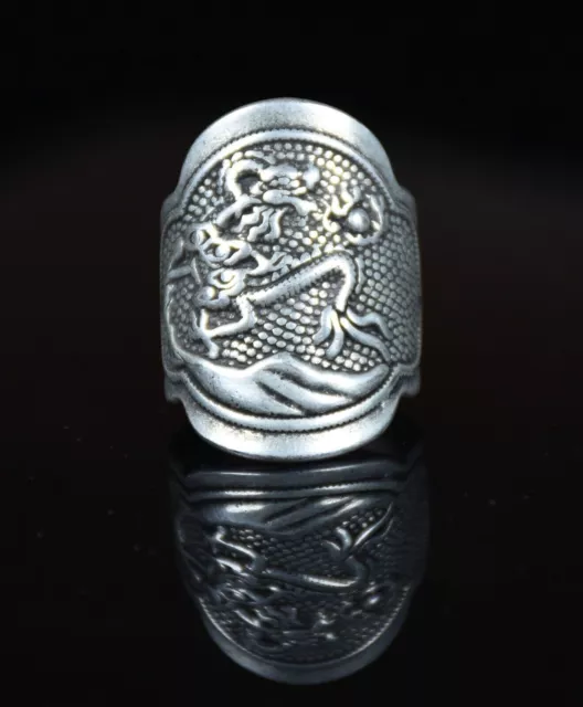 3.5CM Rare Old China Miao Silver Feng Shui Dragon Loong Jewelry Finger Rings