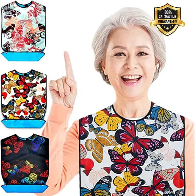 Adult Bibs for Women Butterfly Washable Reusable Crumb Catcher for Elderly 3PACK
