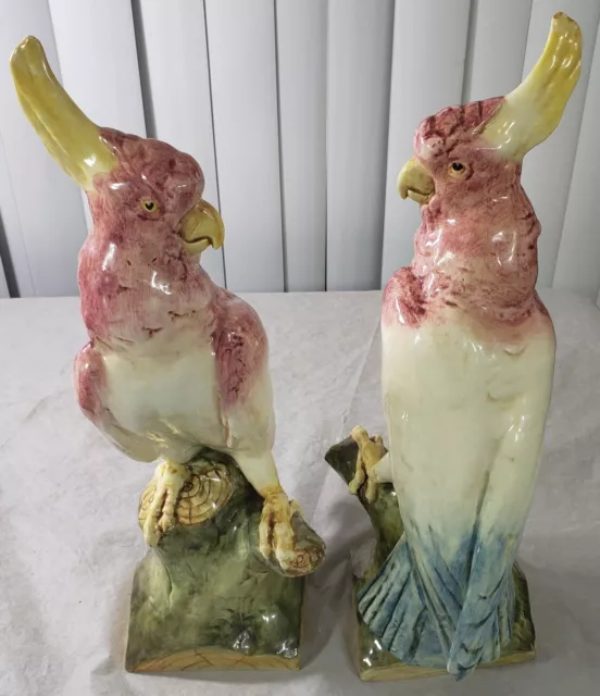 Pair Antique Czechoslovakia Royal Dux Parrot Cockatoo Signed Statue 16 3/4 inch