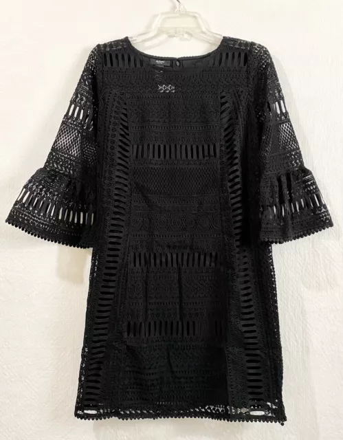 Alfani Dress Womens Size 4P Black Shift Crochet Bell-Sleeve Opulent Graphic New