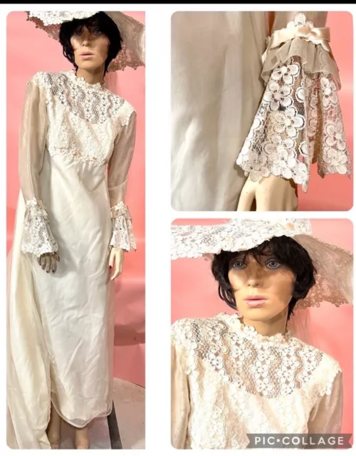 Vtg  1970’s Boho White Wedding Dress w/Matching Floppy Hat & Veil Trumpet Cuffs