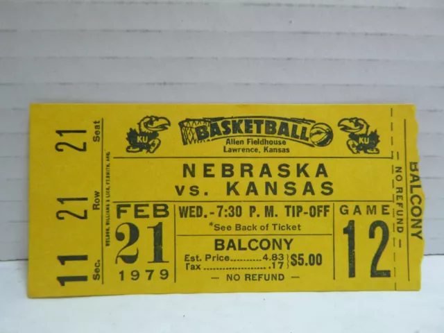 1979 Nebraska Cornhuskers v Kansas Jayhawks Basketball Ticket Stub