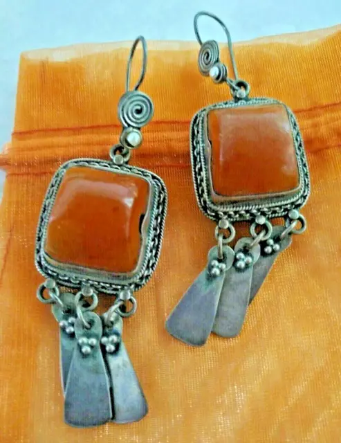 Orecchini Ear Rings Boho Dangle Argento 925 Ambra Baltica Vintage Antiquariato 