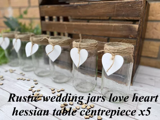 Rustic Wedding Jars Table Centrepiece Love Heart Hessian Shabby Chic X5