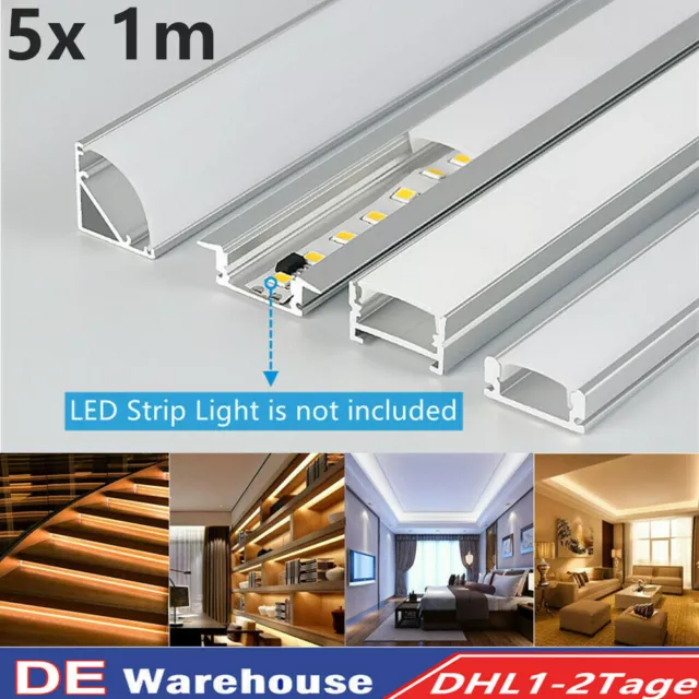 5er 1m LED Profil Aluprofil Alu Schiene Leiste Profile für LED-Stripe Eloxiert