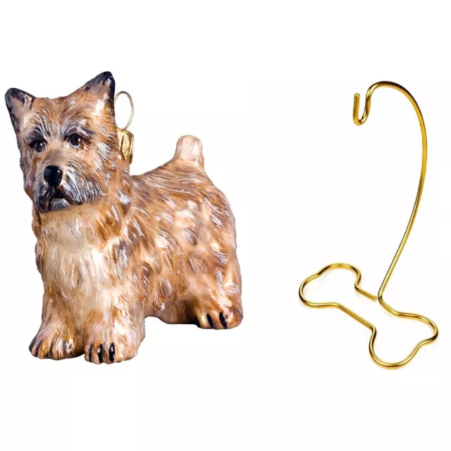 Cairn Terrier Cream Color Polish Glass Ornament And Dog Bone Shaped Stand Set 2