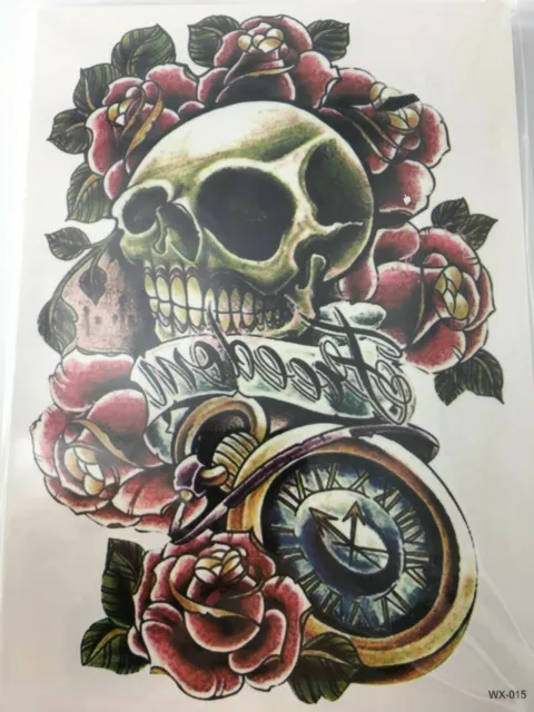 ►GRAND TATOUAGE TEMPORAIRE Tête de mort, rose (éphémère, faux tattoo bras)◄