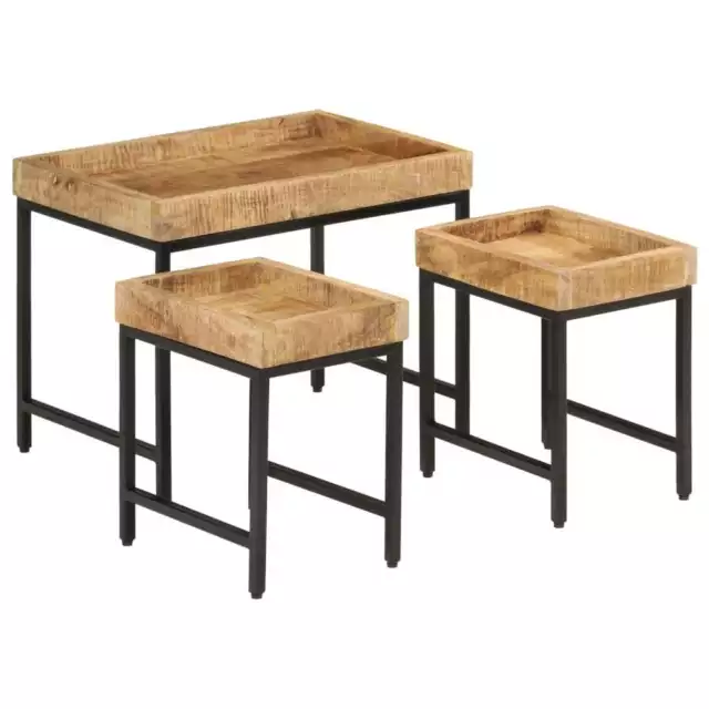 Mesas apilables 3 piezas madera de mango rugosa maciza y hierro vidaXL