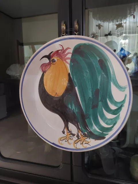 Piatto antico cm. 45, decorato a mano "Fangotto" ceramica di Caltagirone - Gallo