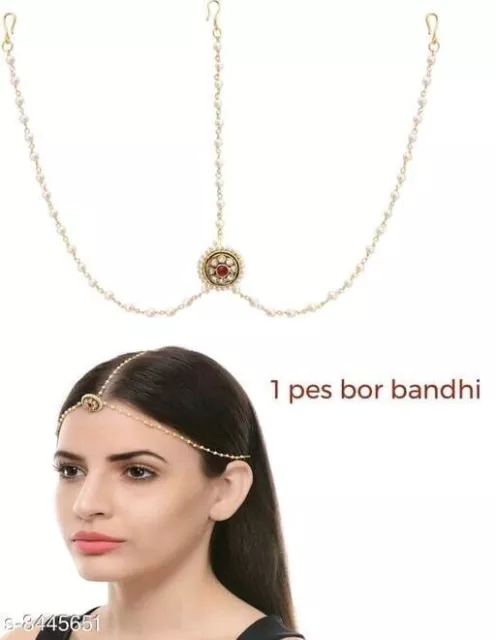 Indian Bollywood Bor Bandhi Style Gold Tone Kundan Mathapatti Maangtikka