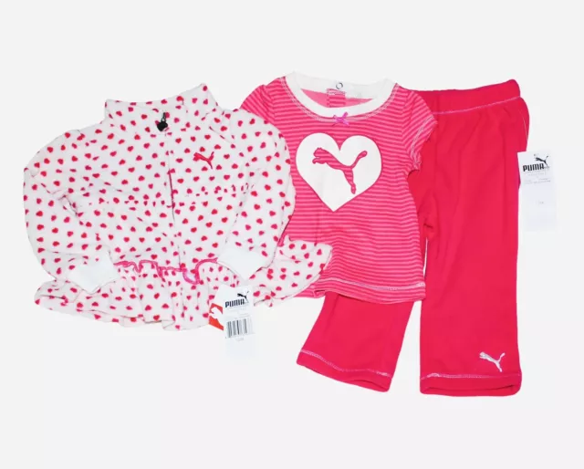 PUMA Baby Girls 12 mo 3 PC Set T-Shirt Fleece Pants Full Zip Hoodie Jacket Heart 2