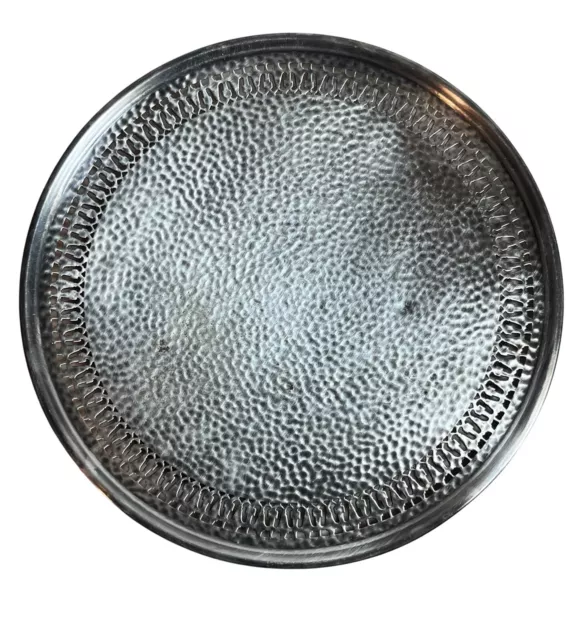 1950s Silver Plated Hammered Round Tray/Reticulated Rim By Meriden 10 Inch