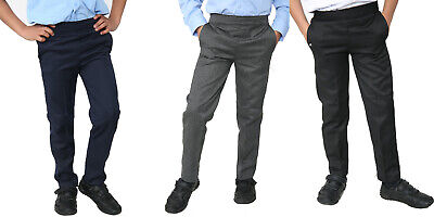 Age 2-10 Easy Wear Boys Pull Up Elasticated Back School Trousers Black Grey Navy