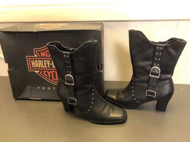 Harley Davidson Johanna D83571 Black Leather High Heel Women Moto Boots Sz 6