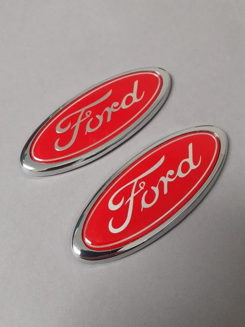 (2) Genuine Ford Gloss Black & Silver Oval Badges - 114mm X 45mm