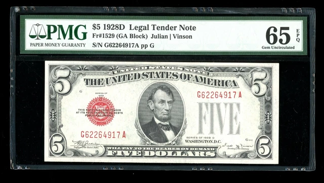 DBR 1928-D $5 Legal Fr. 1529 Vinson Gem GA Block PMG 65 EPQ Serial G62264917A