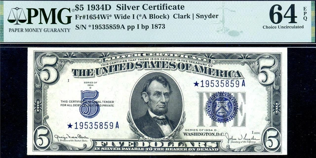 HGR SUNDAY 1934D $5 Silver Certificate ***STAR***STAR*** PMG CHOICE UNC 64EPQ