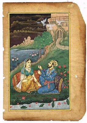 Indian Miniature Old Painting Of Mughal Emperor & Empress Enjoying Evening