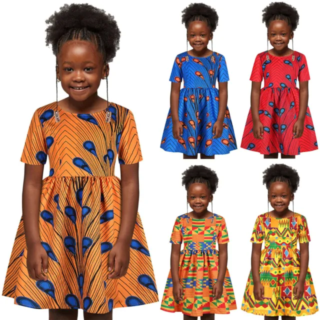 Toddler Kids Baby Girls African Dashiki Short Sleeve Round Neck Dress Ankara