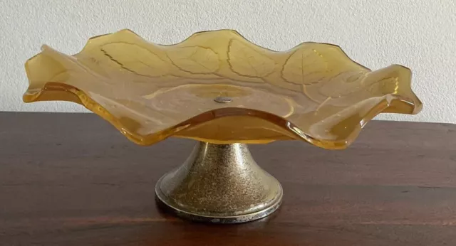 Gorgeous Vintage Amber Glass Bowl On Pedestal - Leaf Pattern
