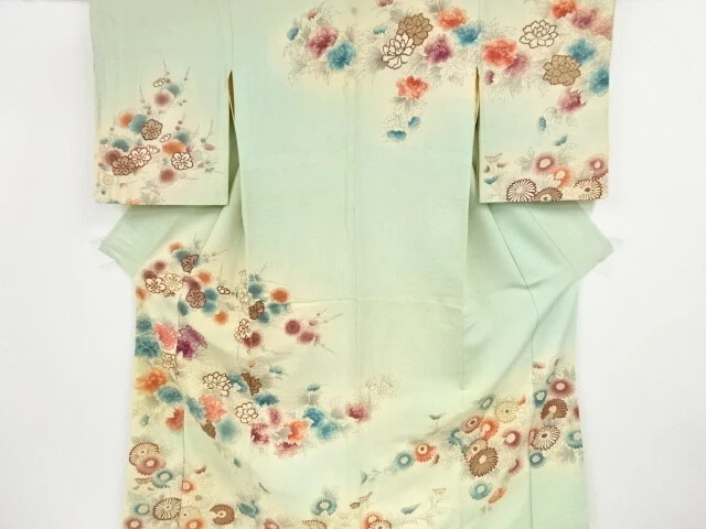 97201# Japanese Kimono / Antique Kimono / Embroidery / Peony & Kiku With Ume