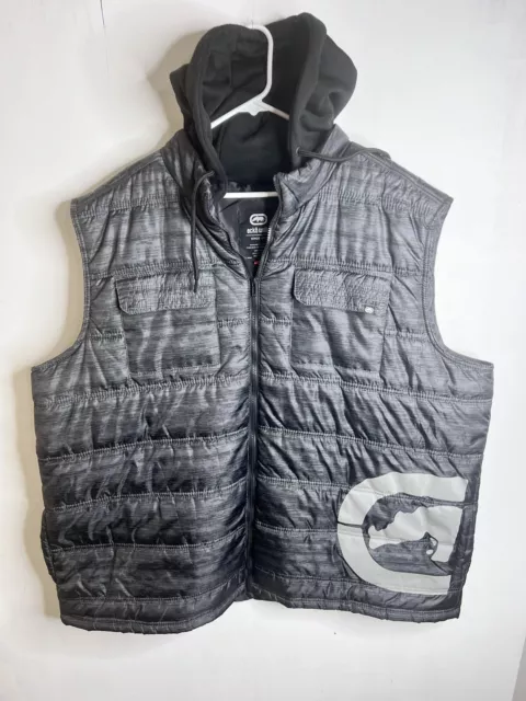 Ecko Unltd Puffer Vest Hooded Color Black/Gray Striped Mens Full Zip 5XL Pockets