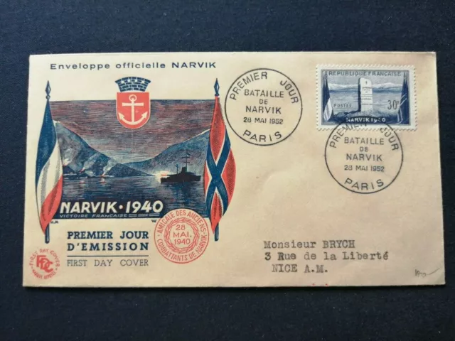 France Premier Jour Fdc Yvert 922 Bataille De Narvik Monument Mort30F Paris 1952