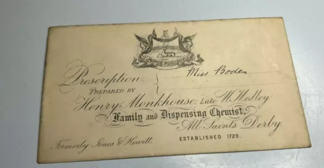 Antique  Prescription Envelope Henry Monkhouse Chemist Derby to Miss Boden