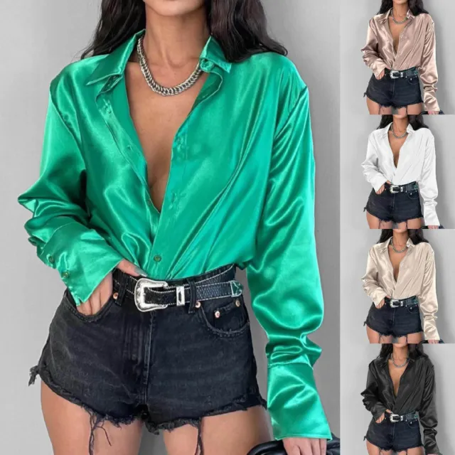 Women's Blouse Satin Silk Shirt Button Down Shirt Casual Loose Long Sleeve