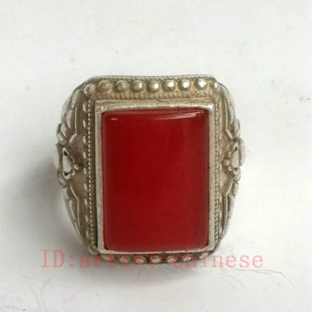 Ornament Collection Chinese Tibet Silver Handmade bat Inlay red Jade Ring Gift