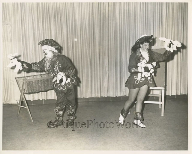 Strange circus vaudeville show clown w assistant and toys vintage photo