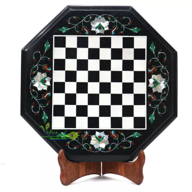 12" Marble Chess Table Top Gems Inlaid Hand Made Marquetry Floral Art Home Decor