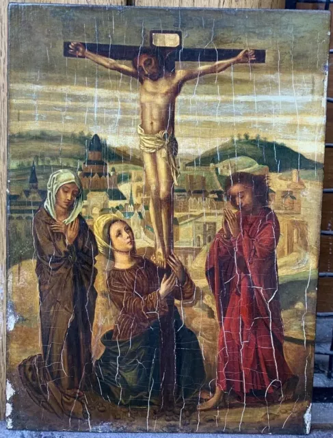 Tableau Ancien Huile Scène Religieuse Christ Croix Prière Paysage Renaissance