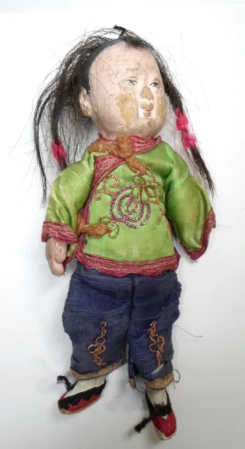 Antique CHINESE LITTLE GIRL DOLL Composition w/ Fabric Clothes 7" Long As Is