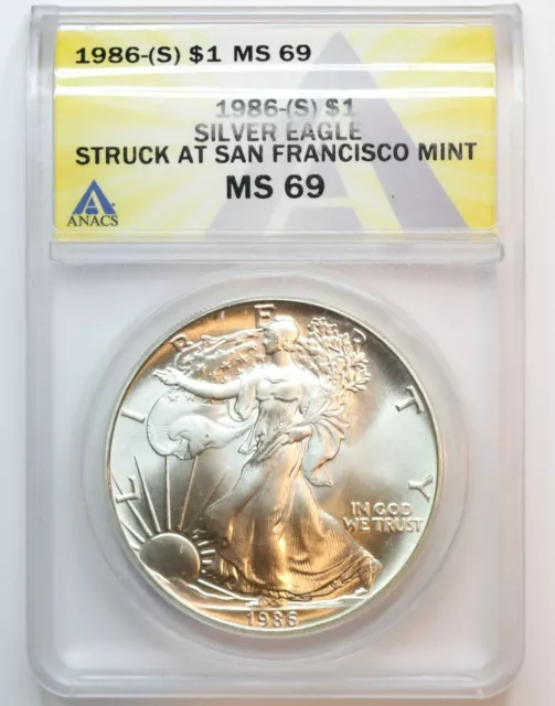 1986-(S) $1 American Silver Eagle Struck At San Francisco Mint ANACS MS 69