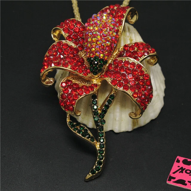New Holiday gifts Red Bling Flower Rhinestone Crystal Pendant Chain Necklace