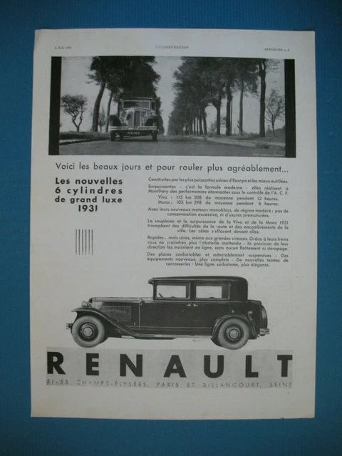 Publicite De Presse Renault 6 Cylindres Viva Mona Grand Luxe Automobile Ad 1931