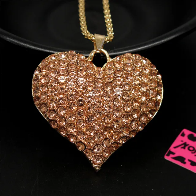 Fashion Women Rhinestone Champagne Shiny Heart Crystal Pendant Chain Necklace