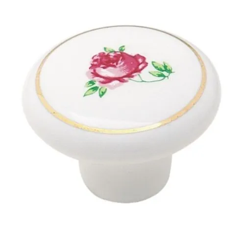 AMEROCK 221WHT Red Rose on White 1 1/2" Ceramic Mushroom Cabinet Knob Pull 5PK