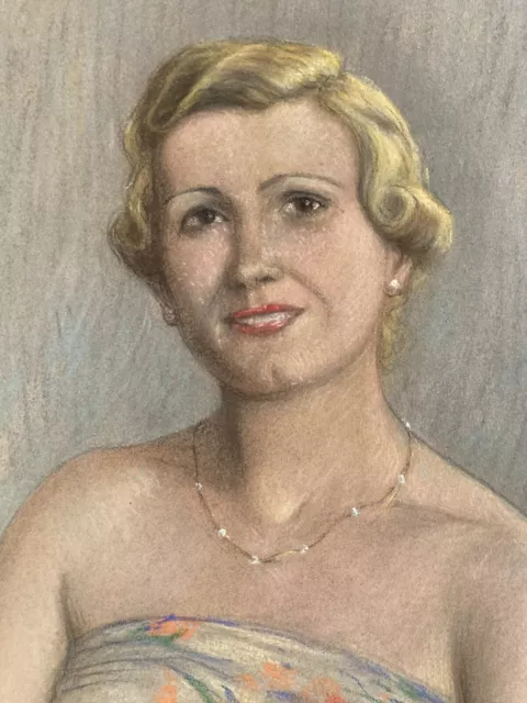 Muy Hermoso Pastel Grande Retrato De Mujer Rubio 1920 Arte Deco À Identify