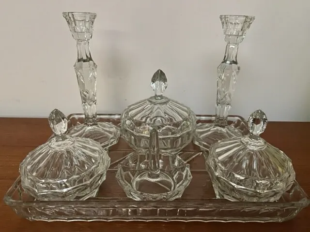 1920's art deco 7 piece glass dressing table, tray, candle holders, trinket pots