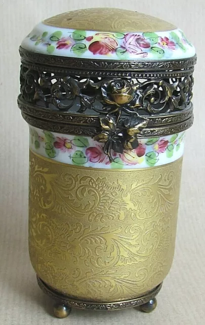 LIMOGES PORCELAIN CYLINDRICAL TRINKET BOX - EMBOSSED GILT / HP FLORA (Ref6640) 2