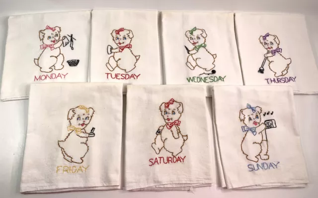 7 Vintage Hand Embroidered DAYS OF THE WEEK Kitchen Dish Towels Dogs