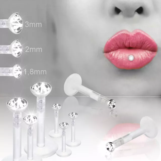 3er Set Bioflex Labret Teflon (PTFE)  Lippenpiercing Kristall Clear Schmuckstein