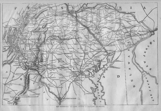 Civil War Map Gettysburg 1864 Rebel Invasion In Maryland Harrisburg Carlisle