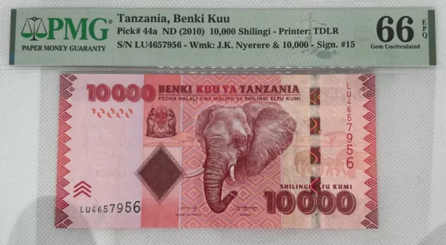 Tanzania 2010 Benki Kuu 10,000 Shilingi PMG Pick#44a 66 EPQ Gem Uncirculated