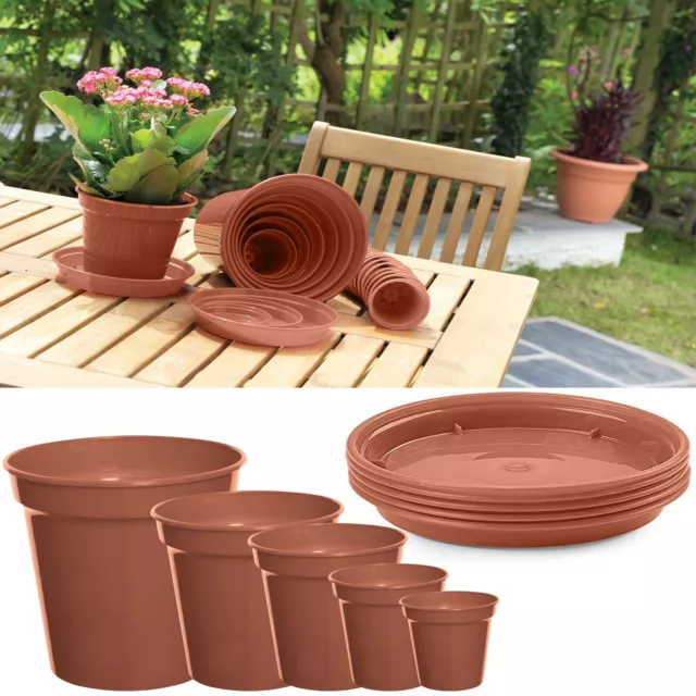 Set of Plastic Plant Pots Garden Flowers Plants Pot & Saucers Tray Terracotta