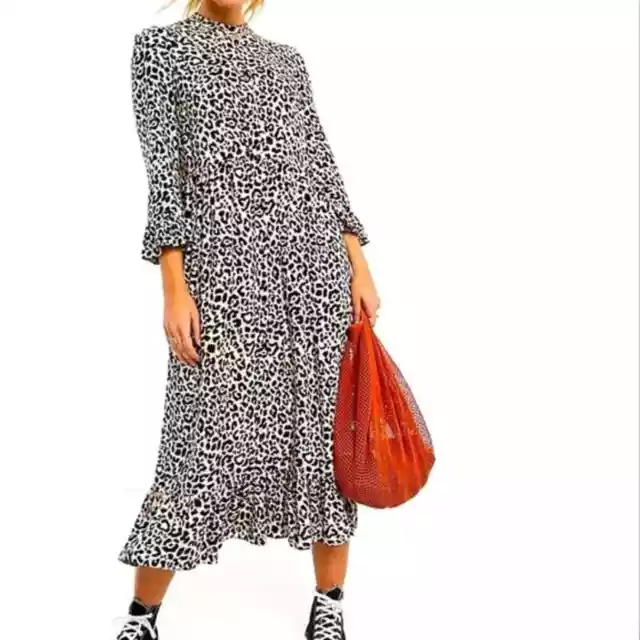 ASOS button down tiered smocked leopard maxi dress size 10